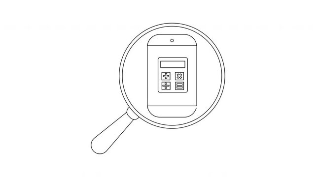 Magnifying Glass Over Calculator Line Art Animation.