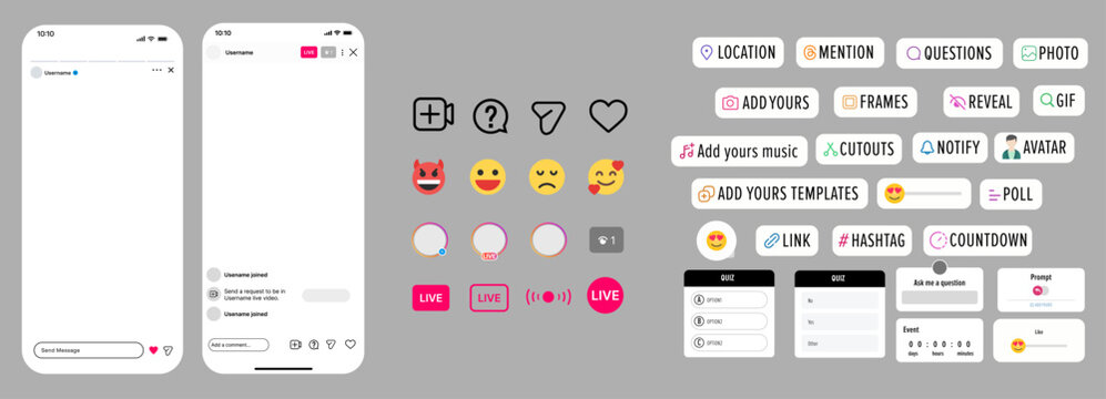 Instagram Stories and live tools. Story making interface stickers. Blog posting labels. Location mention avatar poll countdown link quiz icons. Vector illustration.