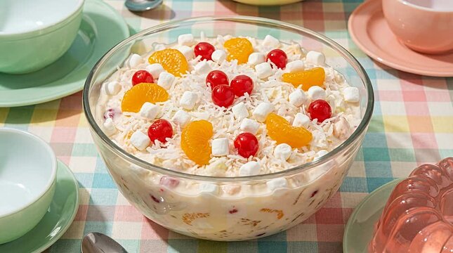 Ambrosia salad recipe, fruit salad, dessert, party treat ambrosia salad fruit dessert sweet, creamy.