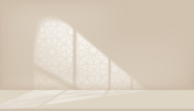Eid Mubarak.Minimal Islamic background with soft sunlight casting arabesque geometric window shadows on beige wall.Vector studio room for Ramadan Kareem,Eid al Fitr,Mosque interior spiritual design
