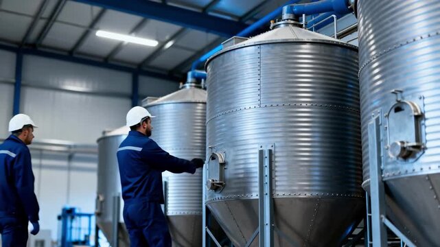 Medium shot capturing steel grain tempering bins highlighting sleek durable metal surfaces in a modern grain storage facility.