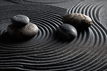 Pebbles on dark sand create a lovely design Tranquility and balance