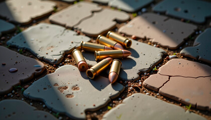 Scattered spent bullet casings lying on patterned pavement in natural light  