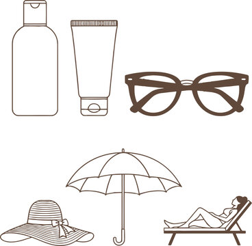 A serene summer scene featuring a person relaxing on a sunlounger under a parasol with sunglasses, sunhat, and skincare products