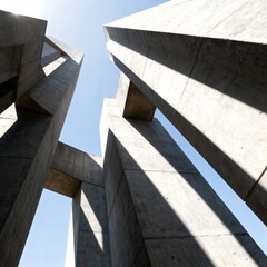 Fototapeta premium Dramatic low angle view of modern concrete architecture against a clear blue sky on a sunny day.