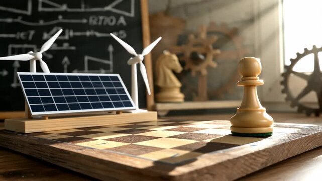 Close-up of a chessboard featuring a single pawn equipped with solar collectors and wind power devices in a well-lit workshop atmosphere