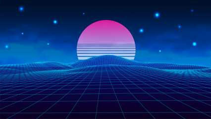 Abstract perspective background in retro style. 3D wireframe vector mesh against a sunny backdrop.