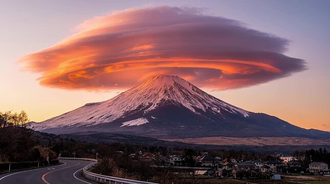 Captivating lenticular cloud over snowy mountain peak at sunset, picturesque landscape road, snow, summit.