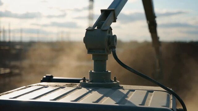 Close-up of a construction machine arm in motion against a construction site backdrop during golden hour
