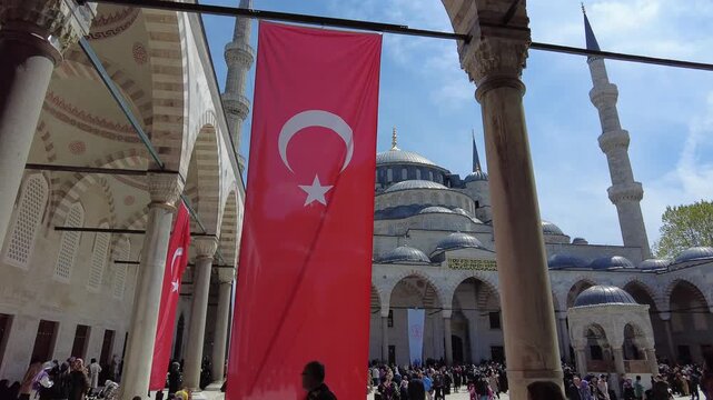 Blue Mosque (Sultan Ahmed Mosque) in Istanbul, Turkey &ndash; exterior fountains and ornate interior dome
