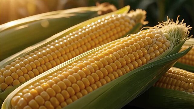 Close-up view of fresh corn on the cob with golden yellow kernels glistening in sunlight amidst green husks