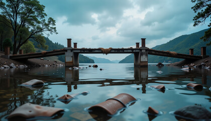A calm river with a ruined wooden bridge and a rocky shore under a cloudy sky.