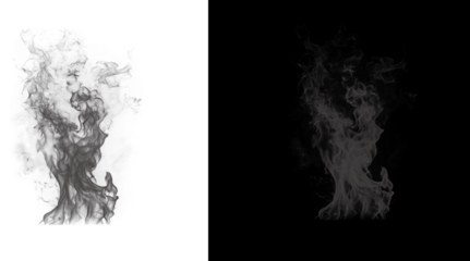 A grayscale illustration of a tree with smoke or fog effect isolated on transparent background