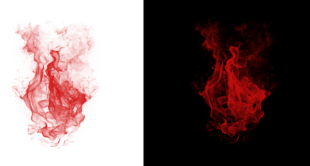 Vibrant red smoke clouds on white and black backgrounds isolated on transparent background