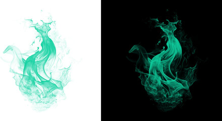 Teal smoke forming a mythical creature on white and black backgrounds isolated on transparent background