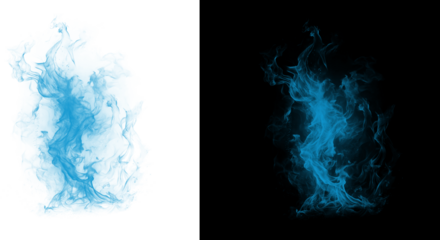 Blue smoke effect on white and black backgrounds for design isolated on transparent background