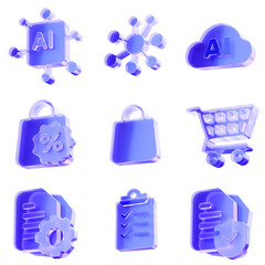 Set 3D Glass chip ai network cloud bag cart document list icon on transparent background, artificial intelligence and online shopping. Transparent Liquid Glass icon. 3D render