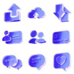 Set 3D Glass upload cloud download user card bubble heart icon on transparent background, social communication and data profile. Transparent Liquid Glass icon. 3D render