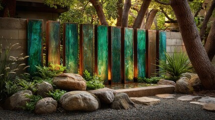 Naklejka premium Serene outdoor space with modern green metal art installation