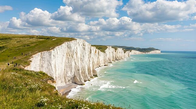 Panoramic view of dramatic white cliffs meeting turquoise ocean waves, scenic coastal path, england, sea.