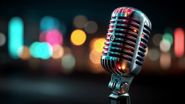 Vintage Microphone with Colorful City Lights Bokeh in Background. Retro Music, Nightlife Audio, Jazz Club.