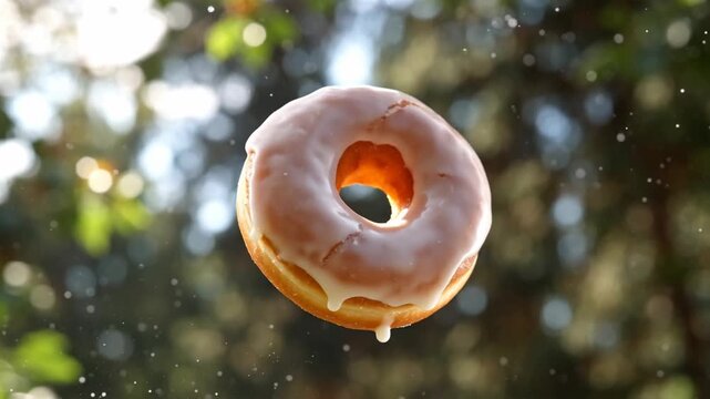 A delicious, glazed donut floating mid-air with sparkling water droplets around it, set against a blurred natural backdrop