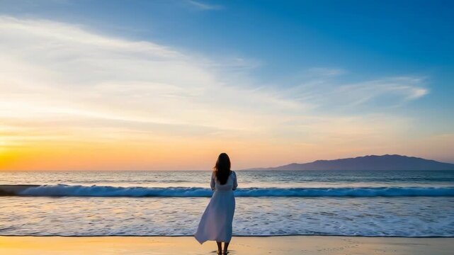 Woman walking along the beach at sunset