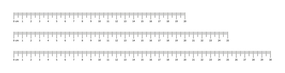 Set of measuring chart with 20cm, 25cm and 30 centimeters. Collection of ruler scale 200mm, 250mm and 300mm with numbers. Templates of ruler scale. Length measurement height.