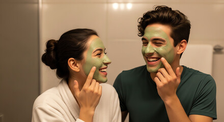 Young couple applying green face masks while smiling in bathroom  