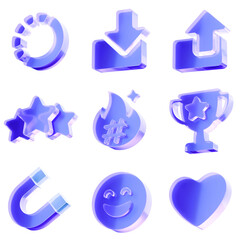 Set 3D Glass loading download upload star hashtag flame trophy magnet smile heart icon isolated on transparent background, social media user interface and app navigation. Transparent Liquid Glass icon