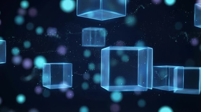 Floating Transparent Blue Cubes on Dark Background with Soft Teal and Violet Bokeh Lights