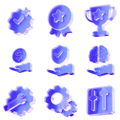Set 3D Glass check medal trophy money protection brain gear settings slider icon isolated on transparent background, the check medal trophy money protection brain gear settings slider. Transparent Liq