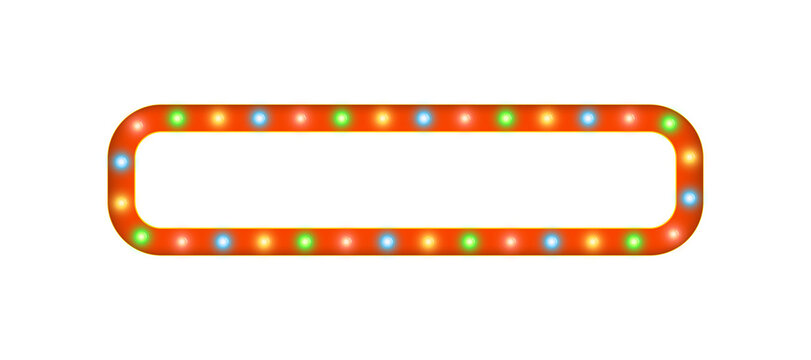 Neon marquee billboard frame with realistic glowing lamps isolated on transparent PNG background ideal for performance posters, concert announcements, casino banners and Broadway-inspired designs
