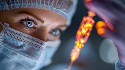 Medical professional preparing IV drip with focused attention and precision in clinic