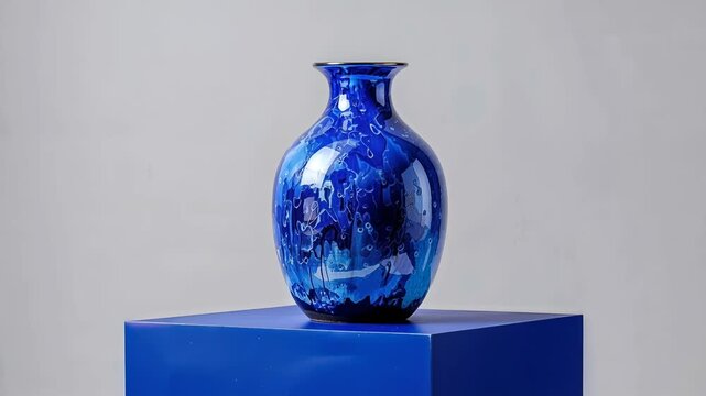 Shiny blue ceramic vase with abstract pattern rotating on a pedestal against a white background
