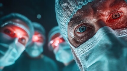 Close up of surgical team performing operation under intense lighting in hospital