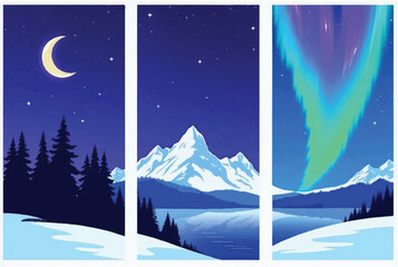 Obraz premium Collection of snowy mountain landscapes. Nature mountain scenery background. Illustration of snowy mountain landscape at night.
