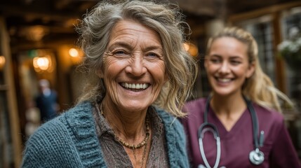 Smiling elderly woman supported by a caring young nurse in a warm setting