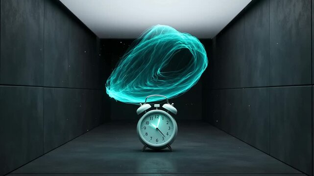 A clock surrounded by futuristic swirling light effects in a minimalistic dark environment