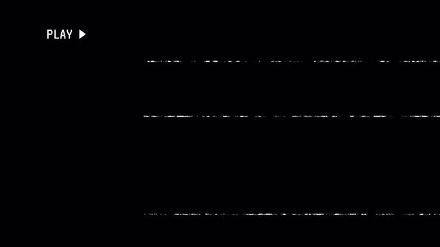 Play VHS glitch overlay with analog noise, distorted signal, grain texture, and flicker motion. Retro video footage designed for creative alpha channel overlays.