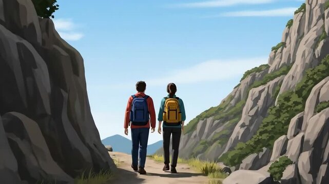 Two hikers embarking on a mountain trail