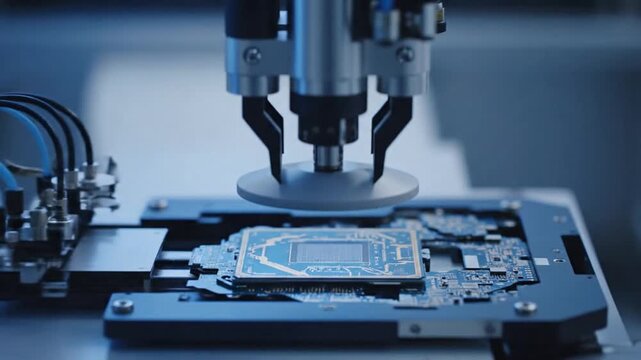 Robotic Arm Handling Circuit Board with Precision in Automation Technology for Electronics Assembly in Modern Manufacturing Facility