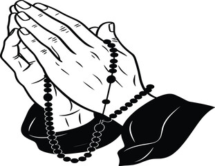 Praying hands with rosary beads vector illustration in black and white line art, religious faith spirituality and prayer symbol design isolated