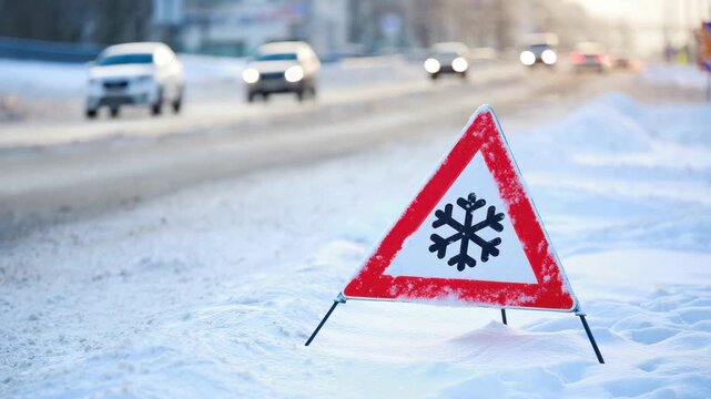 Winter road hazard warning, snowy highway caution sign, icy road alert, slippery conditions ahead, cold weather driving safety, snowflake traffic symbol, winter travel advisory