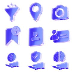 Set 3D Glass filter location camera bookmark user profile id card money hand shield hand brain hand icon isolated on transparent background, user interface navigation and biometric security. Transpare
