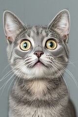 Obraz premium Charming Portrait of a Focused American Shorthair Cat with Gray Fur Against a Soft Background