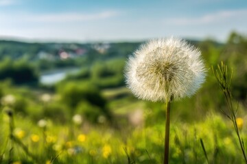 Naklejka premium Puffy dandelion bloom set in a summer scenery