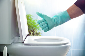 Hand with ok gesture and newly disinfected toilet bowl