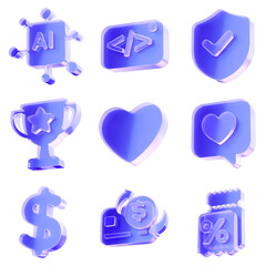 Set 3D Glass artificial intelligence code security shield trophy star heart like money dollar credit card discount coupon icon isolated on transparent background, digital banking rewards and financial