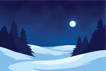 Fototapeta premium Winter night in mountains landscape. Winter night with moon. Illustration of snowy winter night. 